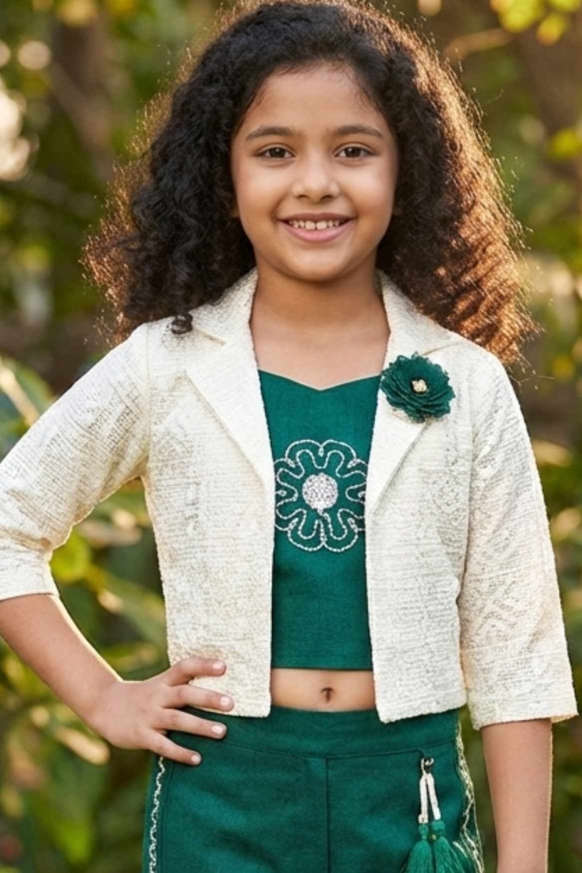 Teal Green Co-Ord Set with Lace Cropped Jacket For Girls
