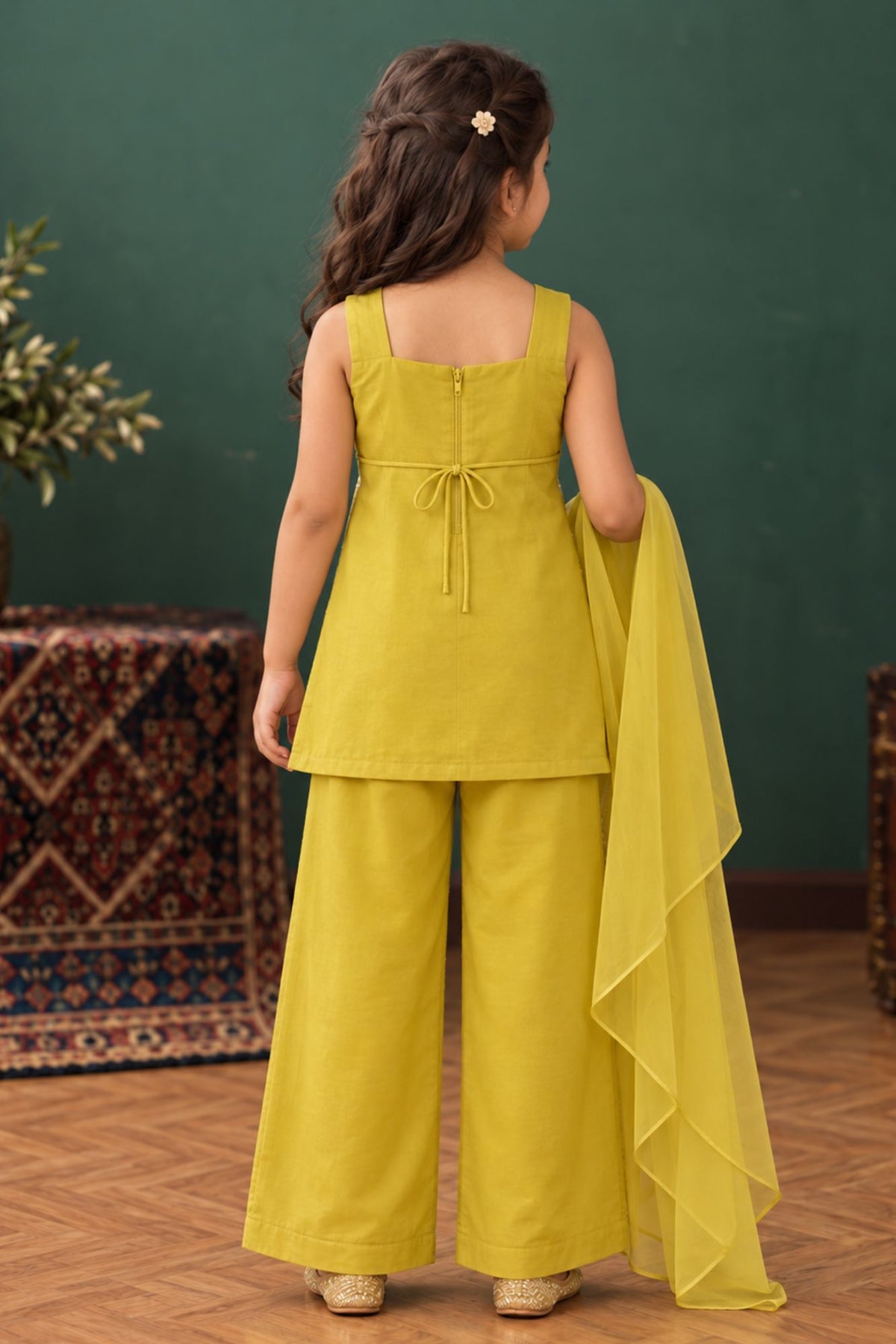 Girls Lemon Green Floral Embroidered Palazzo Set with Dupatta