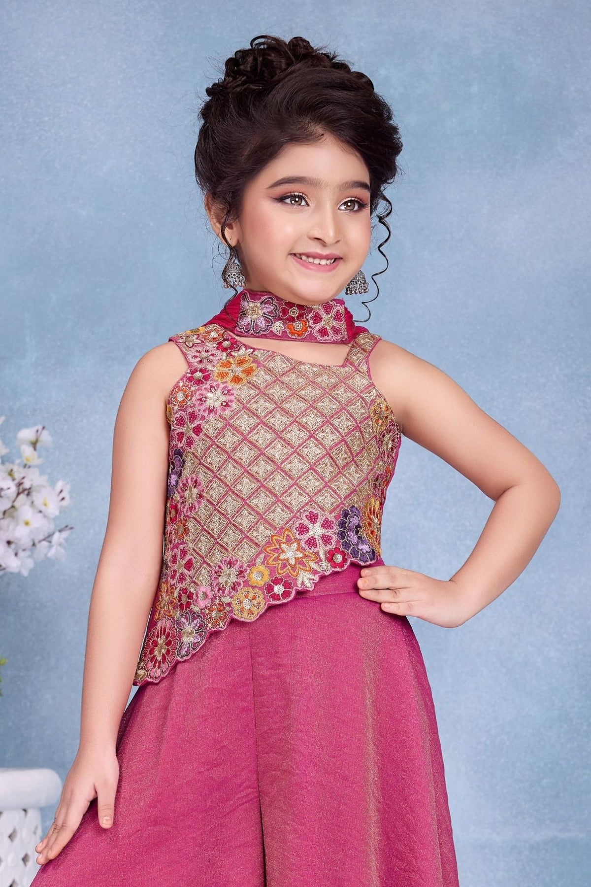Girls Pink Multicolor Floral  Embroidered Asymmetric Palazzo Set With Dupatta