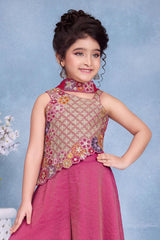 Girls Pink Multicolor Floral  Embroidered Asymmetric Palazzo Set With Dupatta