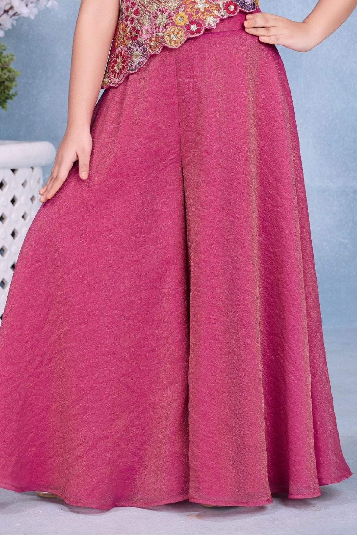 Girls Pink Multicolor Floral  Embroidered Asymmetric Palazzo Set With Dupatta