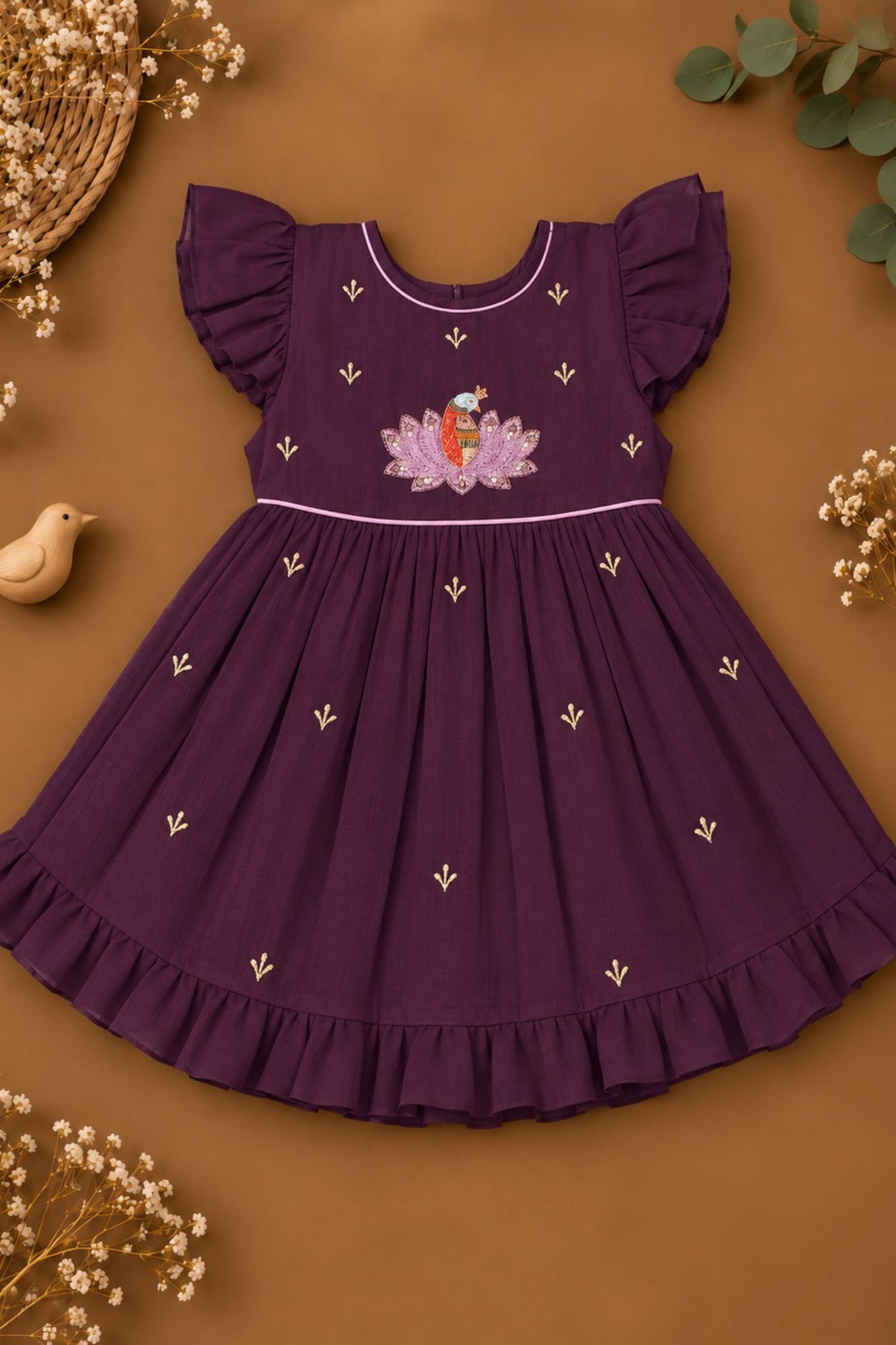 Girls Deep Purple Floral Embroidered Flared Dress