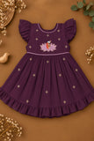 Girls Deep Purple Floral Embroidered Flared Dress
