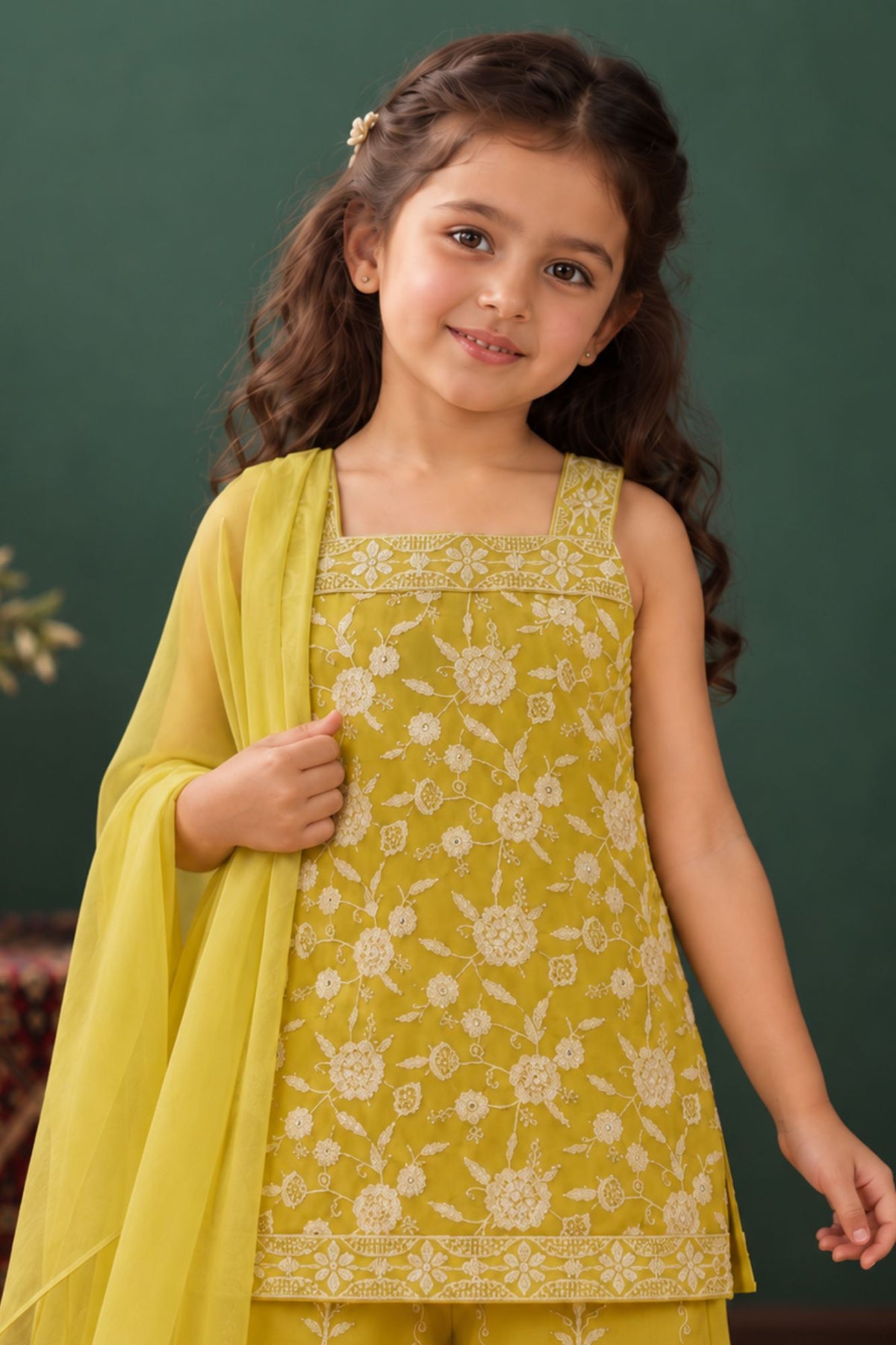 Girls Lemon Green Floral Embroidered Palazzo Set with Dupatta