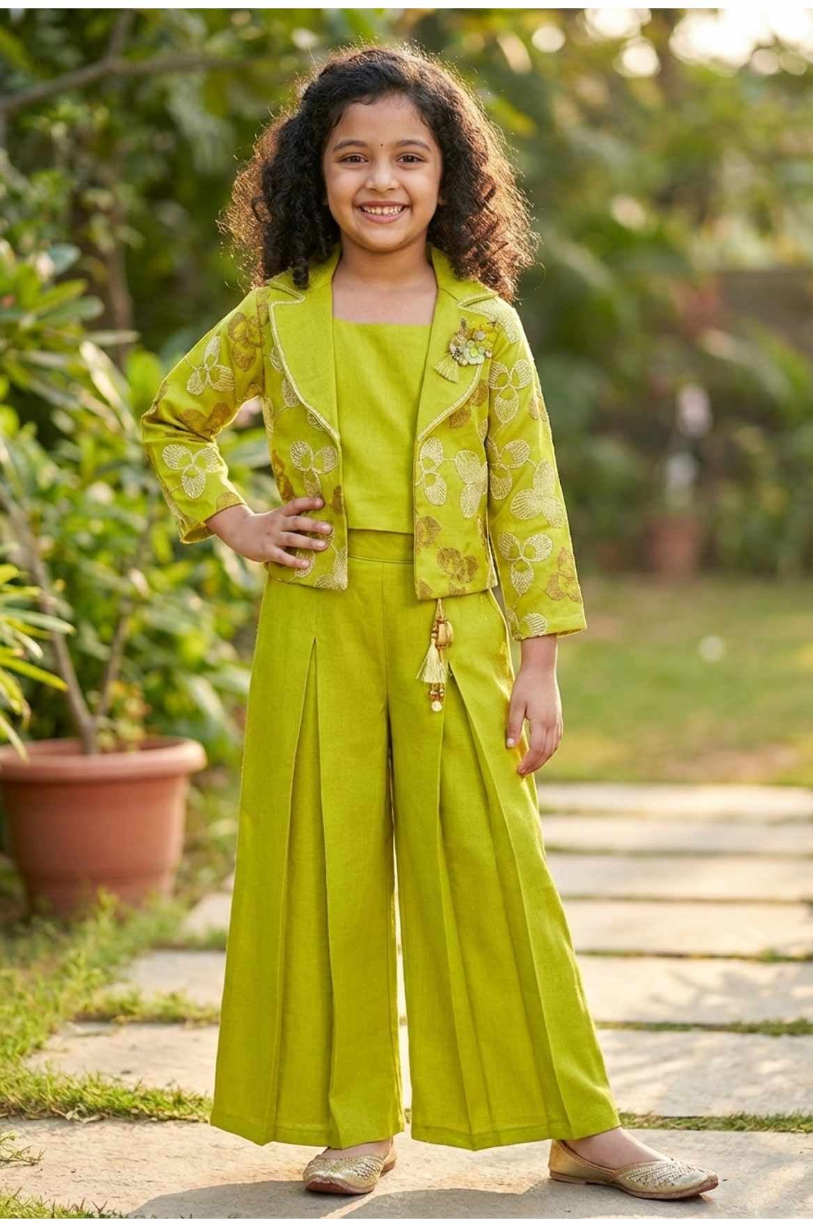 Green Embroidered Wide Legged Pant Set With Jacket For Girls