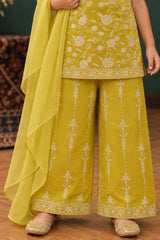 Girls Lemon Green Floral Embroidered Palazzo Set with Dupatta