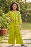 Green Embroidered Wide Legged Pant Set With Jacket For Girls