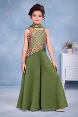 Girls Green Multicolor Floral  Embroidered Asymmetric Palazzo Set With Dupatta