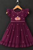 Deep Purple Floral Embroidered Flared Dress For Girls