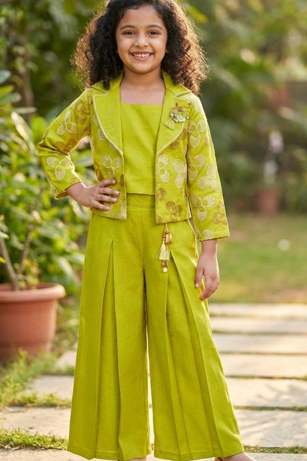Green Embroidered Wide Legged Pant Set With Jacket For Girls