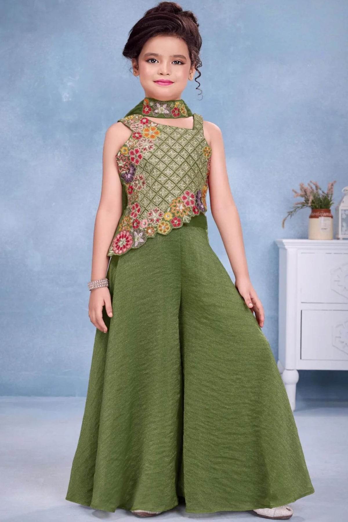 Girls Green Multicolor Floral  Embroidered Asymmetric Palazzo Set With Dupatta