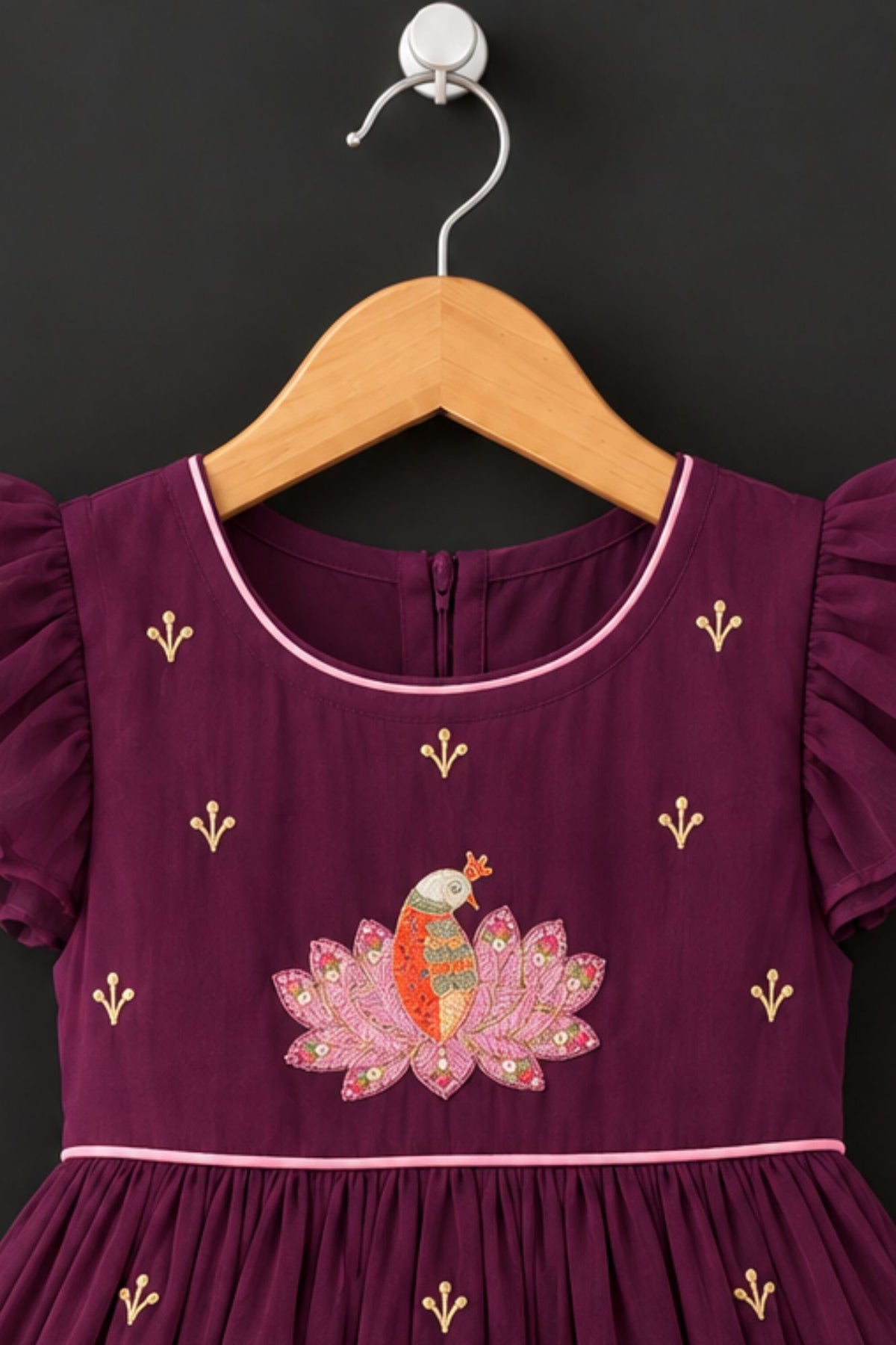 Deep Purple Floral Embroidered Flared Dress For Girls