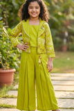 Green Embroidered Wide Legged Pant Set With Jacket For Girls