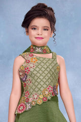 Girls Green Multicolor Floral  Embroidered Asymmetric Palazzo Set With Dupatta