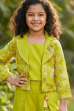 Green Embroidered Wide Legged Pant Set With Jacket For Girls