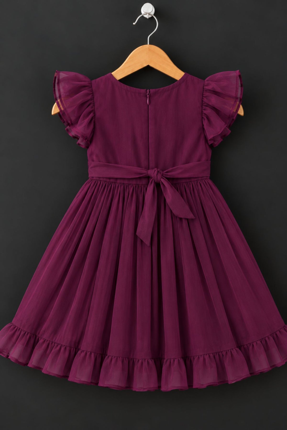 Deep Purple Floral Embroidered Flared Dress For Girls