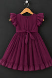Deep Purple Floral Embroidered Flared Dress For Girls