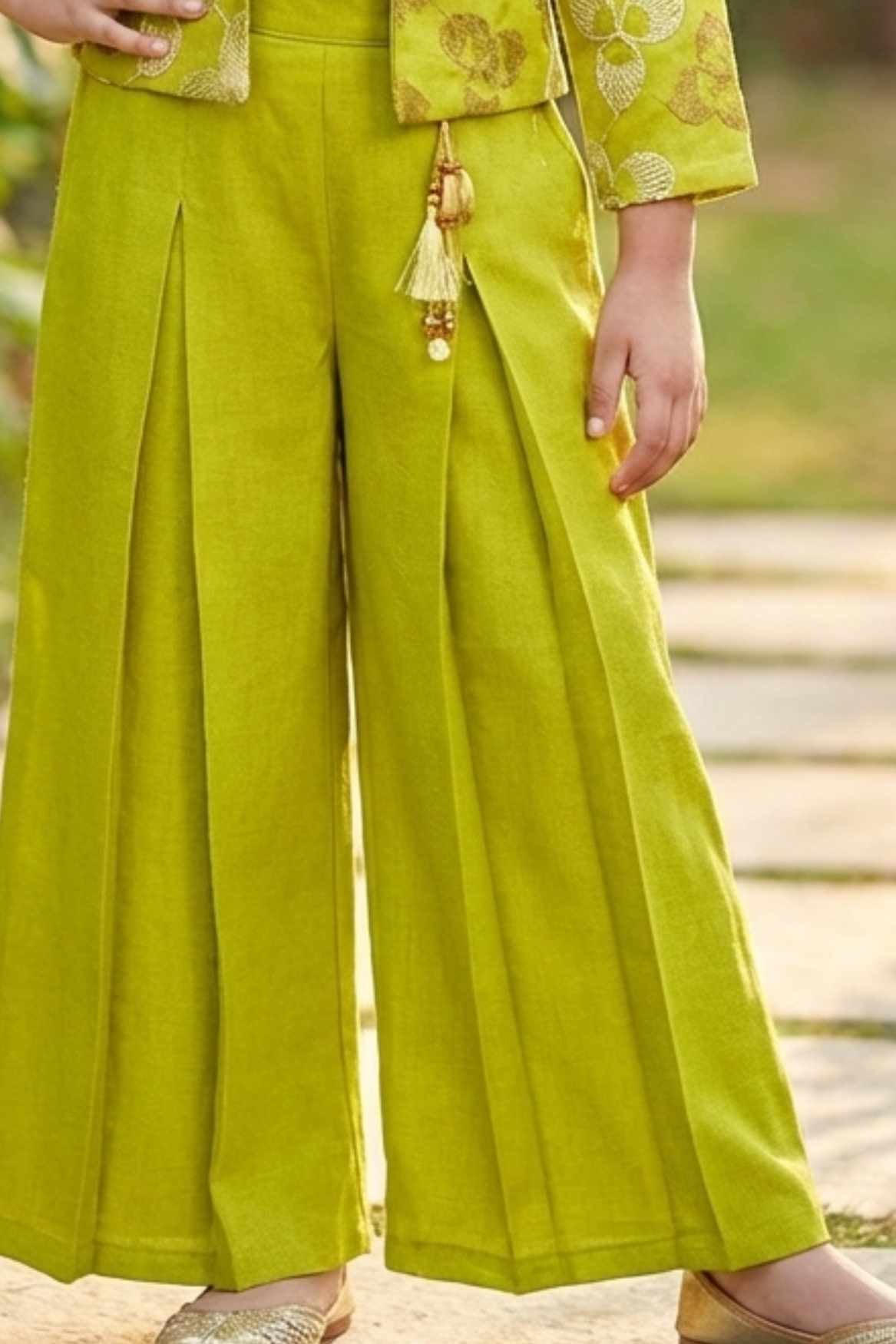 Green Embroidered Wide Legged Pant Set With Jacket For Girls