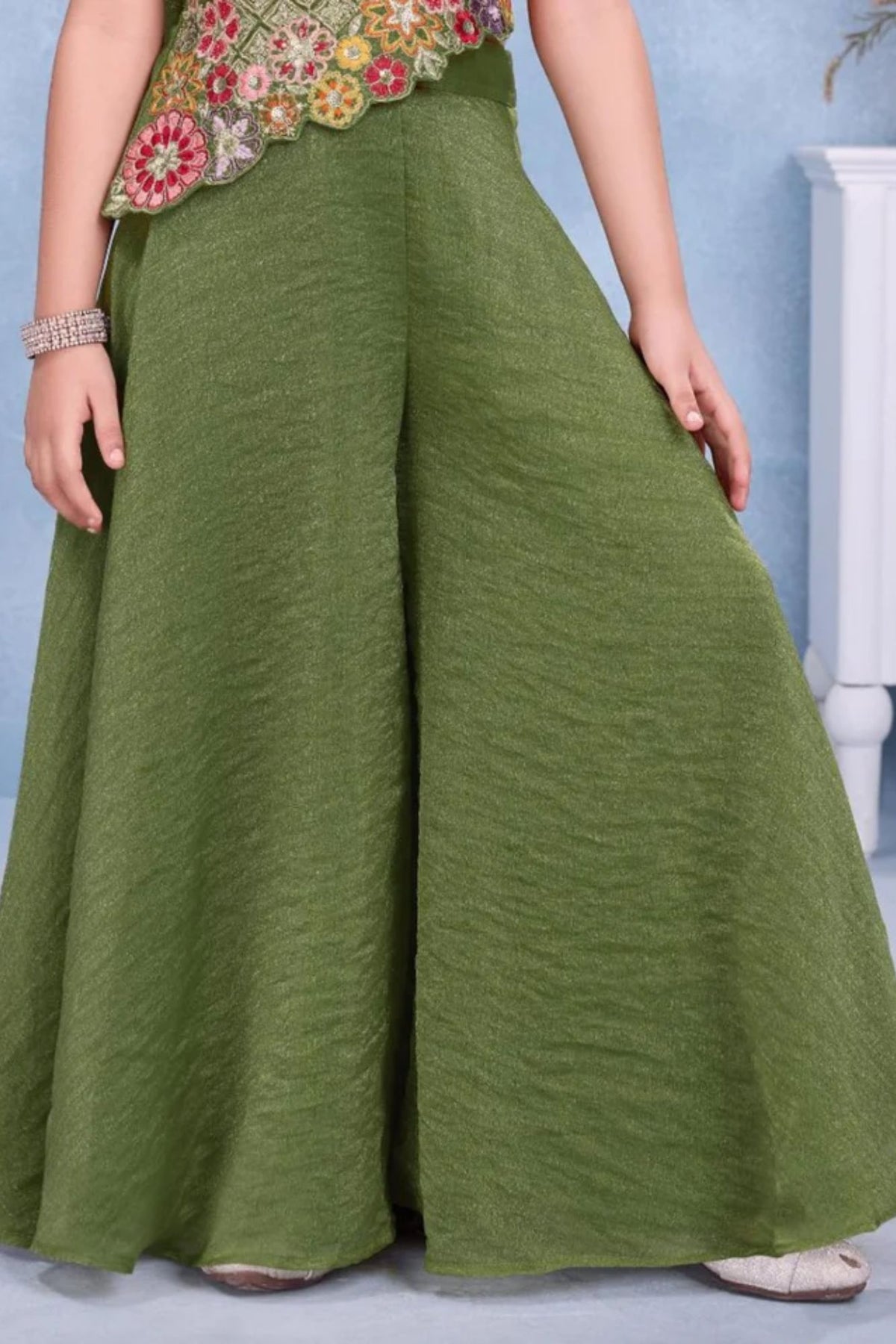 Girls Green Multicolor Floral  Embroidered Asymmetric Palazzo Set With Dupatta