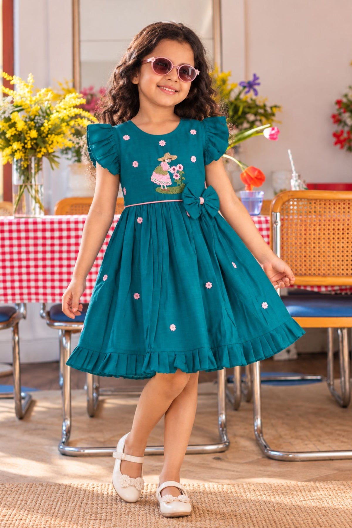 Girls Teal Blue Floral Embroidered Flared Dress
