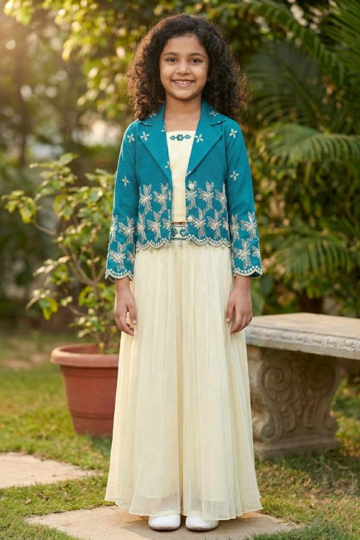 Teal Blue and Cream Embroidered Wide Legged Pant Set With Jacket For Girls