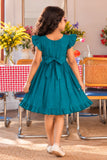 Girls Teal Blue Floral Embroidered Flared Dress