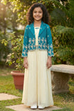 Teal Blue and Cream Embroidered Wide Legged Pant Set With Jacket For Girls