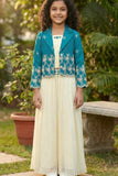 Teal Blue and Cream Embroidered Wide Legged Pant Set With Jacket For Girls