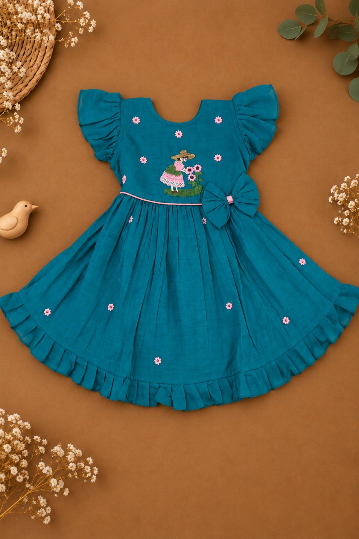 Girls Teal Blue Floral Embroidered Flared Dress