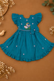 Girls Teal Blue Floral Embroidered Flared Dress
