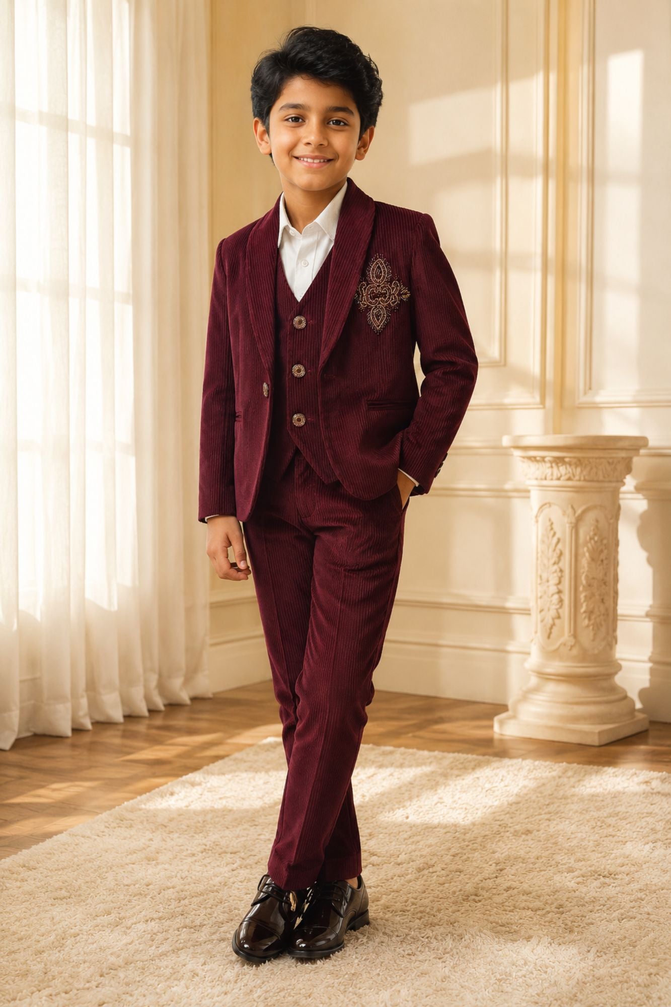 Boys Maroon Embroidered Shawl Collar Party Wear Suit Set