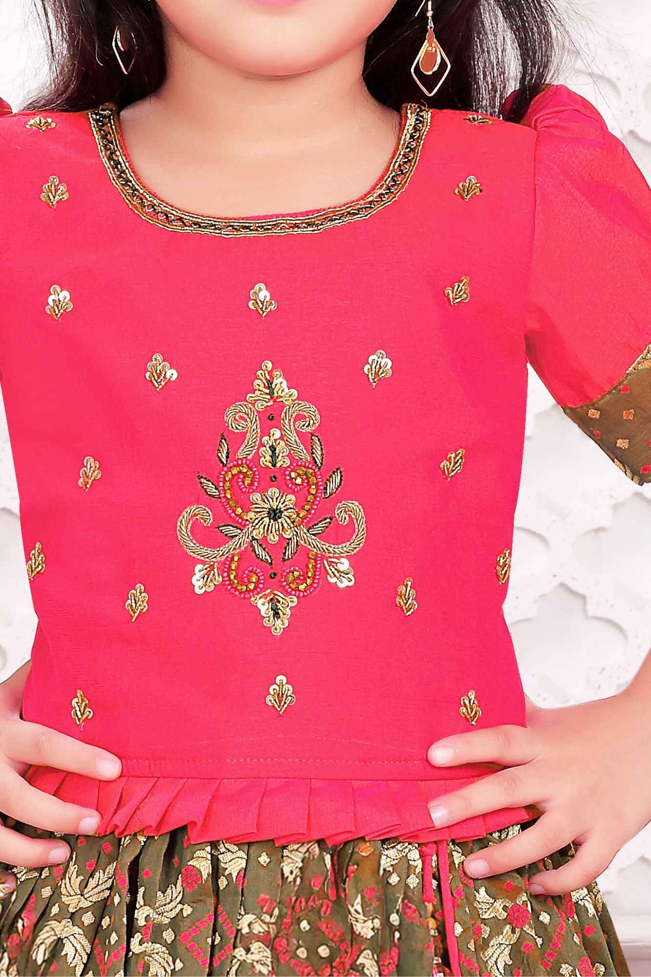 Rani Pink Zari Embroidered Silk Pattu Pavadai For Girls