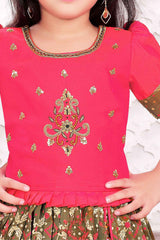 Rani Pink Zari Embroidered Silk Pattu Pavadai For Girls