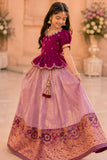 Wine Embroidered Pattu Pavadai Set with Zari Work For Girls