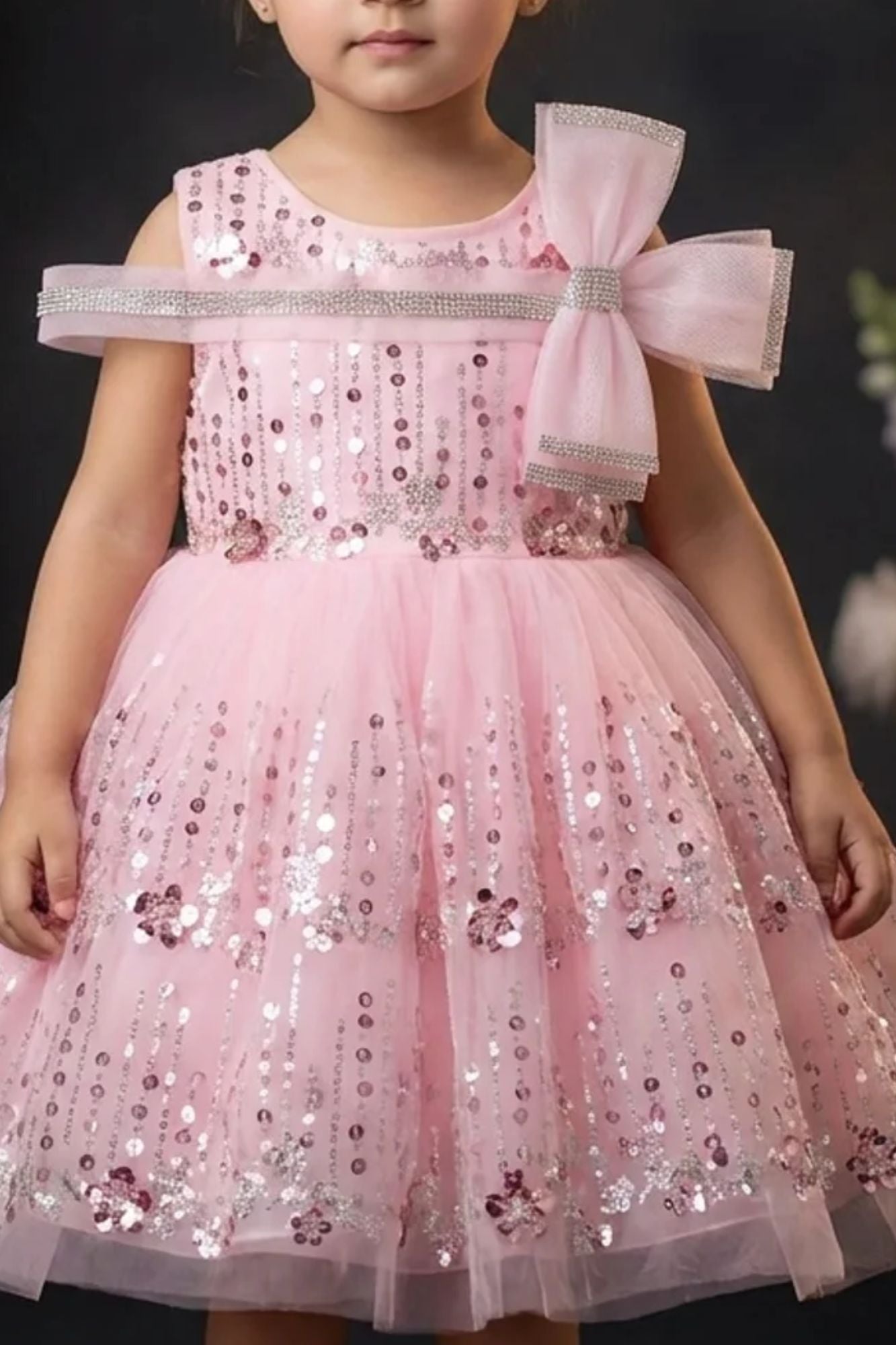 Girls Pink Sequinned Party Wear Frock with Bow Detail