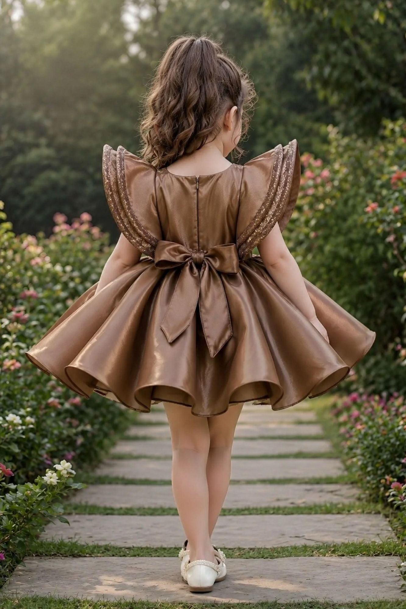 Coffee Brown Statement Bow Party Wear Frock for Girls