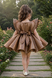 Coffee Brown Statement Bow Party Wear Frock for Girls