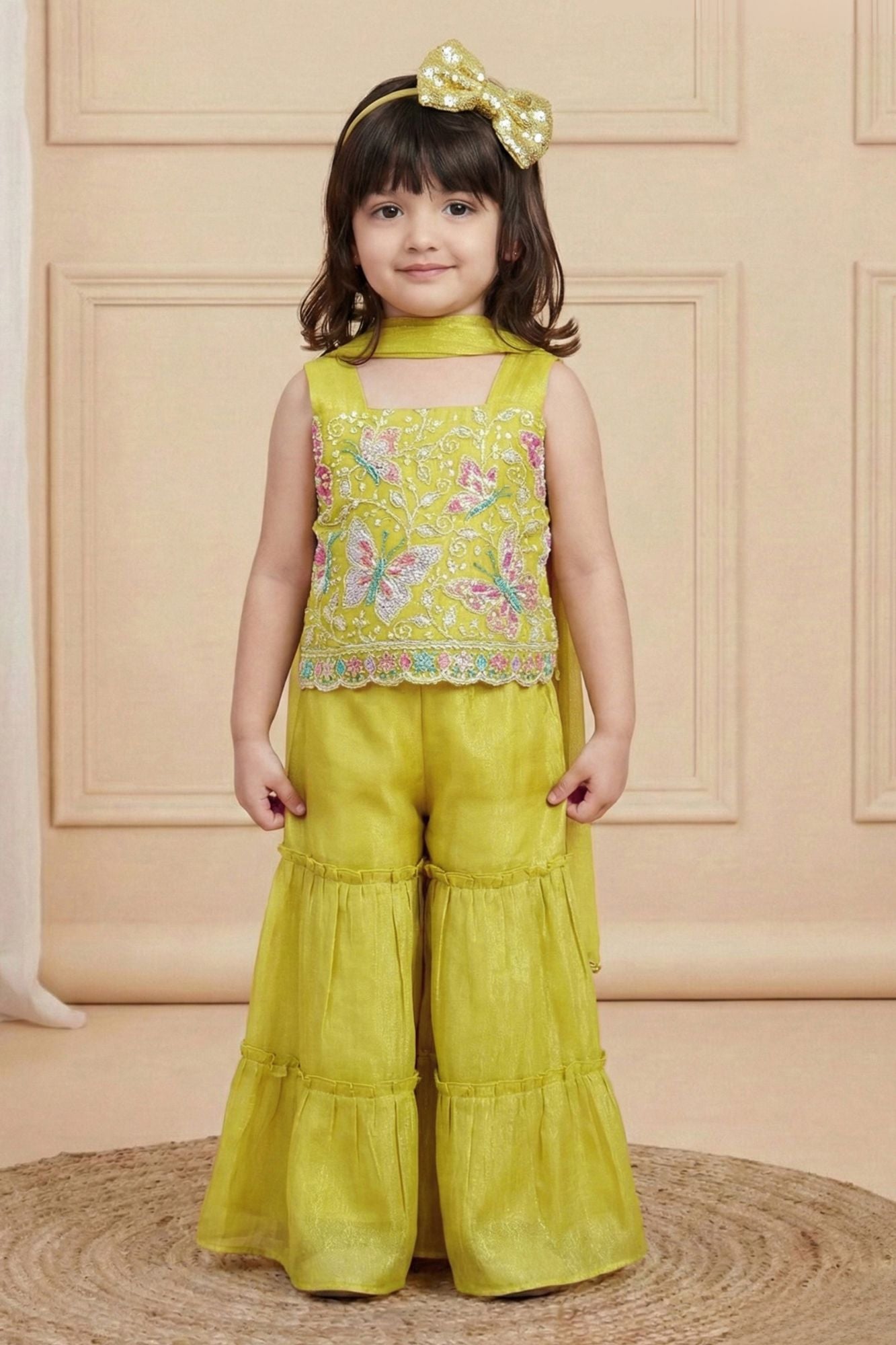 Lemon Yellow Embroidered Sharara Set With Dupatta For Girls