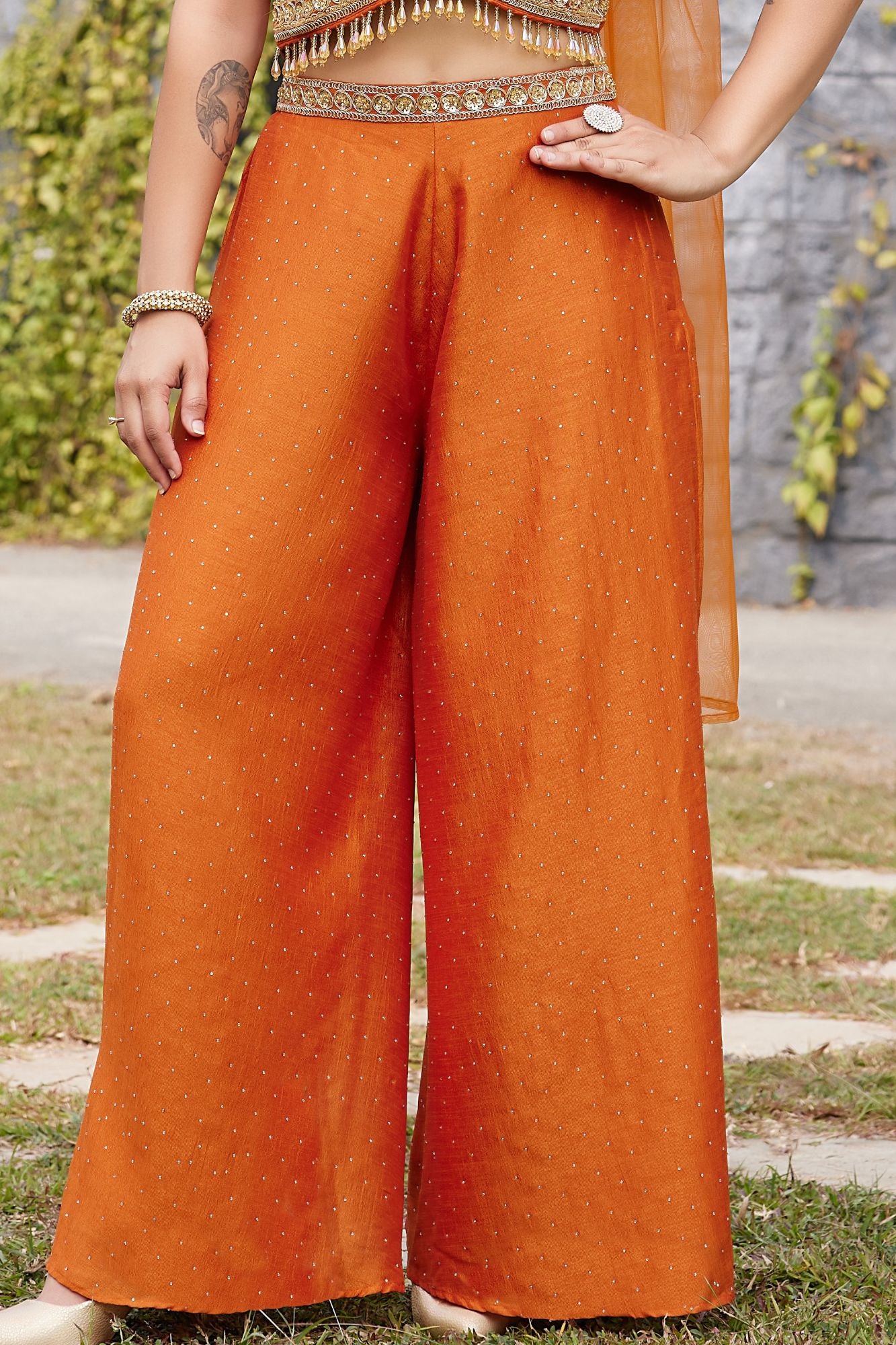 Girls Orange Embroidered Crop Top with Palazzo And Dupatta Set