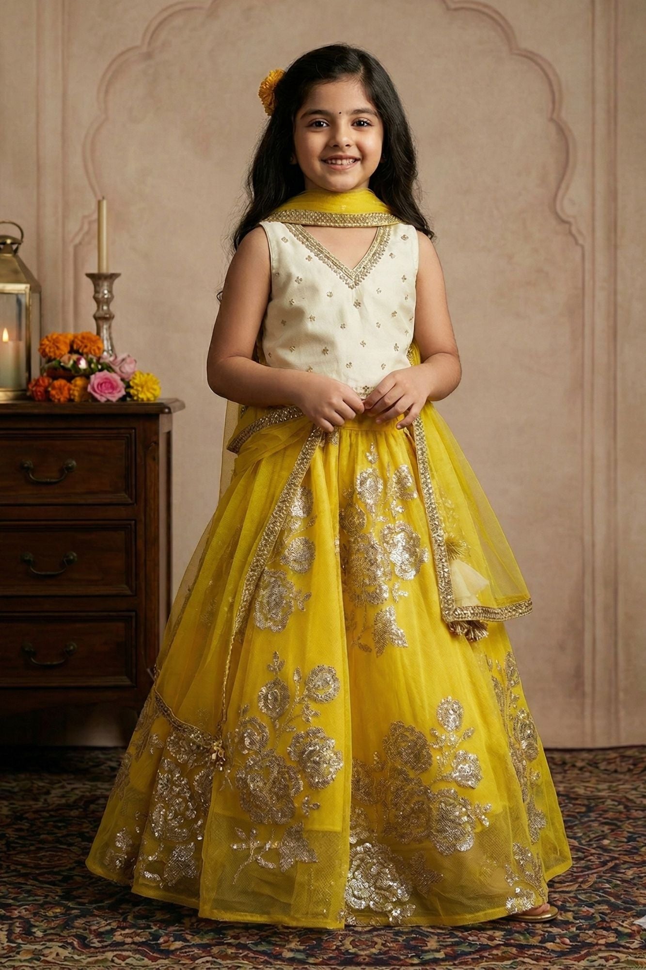 Girls Lime Yellow Sequin Embroidered Lehenga Choli Set