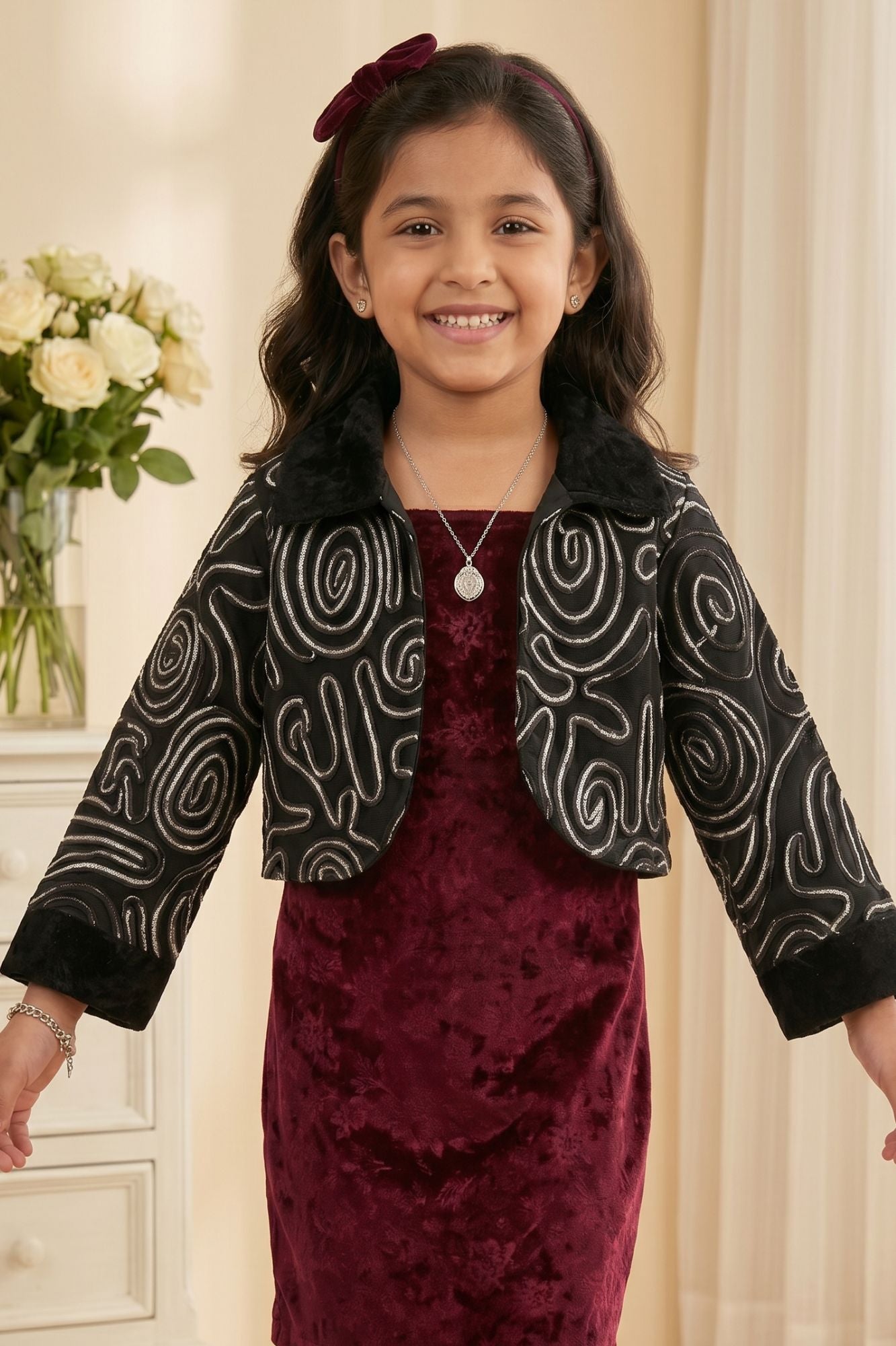 Wine Velvet Dress Set with Printed Shrug