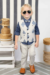 Blue Shirt And Pant Set With Overcoat And Bow For Boys