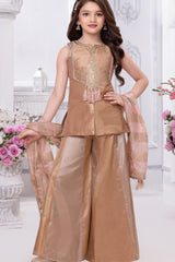 Elegant Girls Champagne Gold Embroidered Palazzo Set with Dupatta For Festive Wear