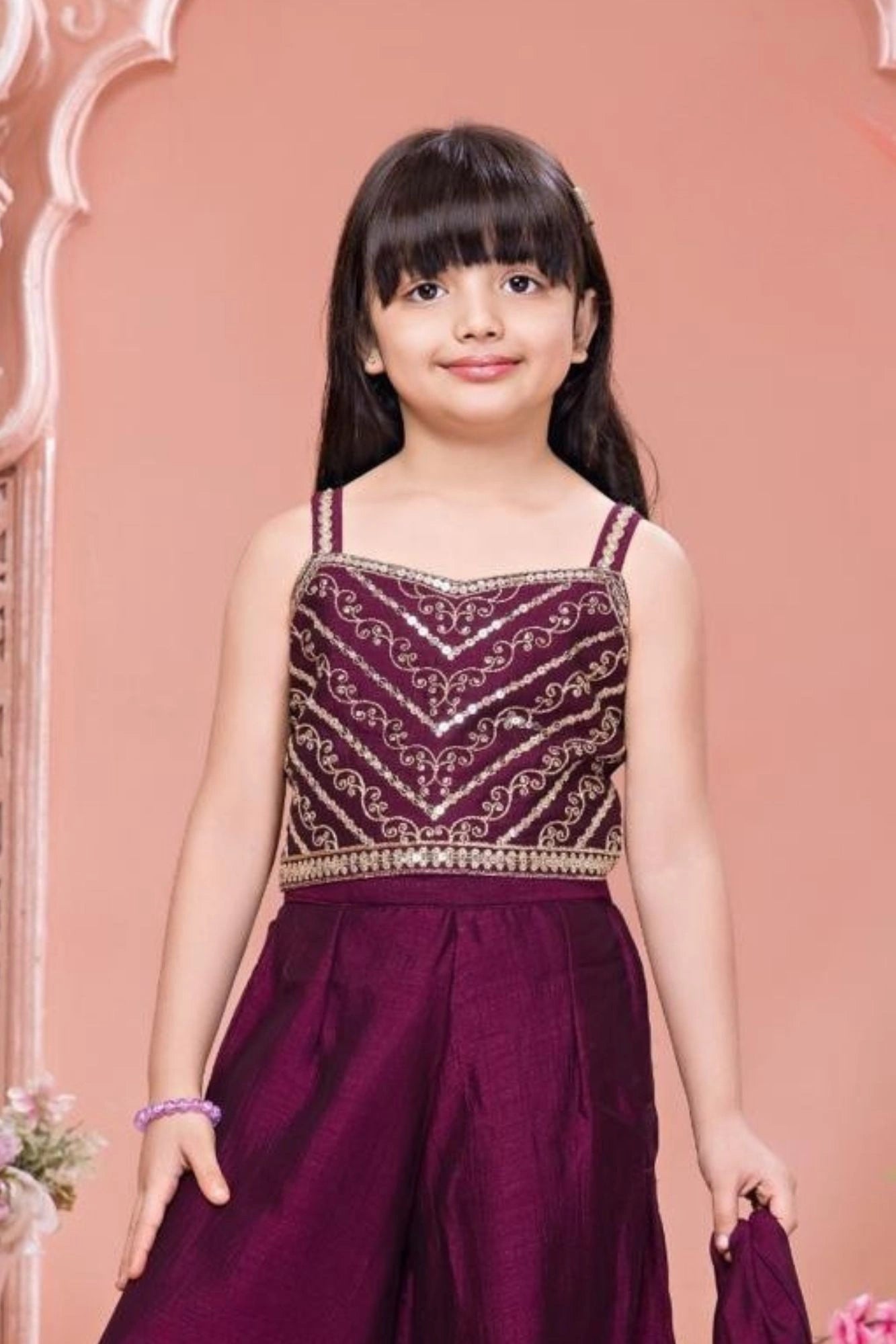 Wine Embroidered  Palazzo Set With Dupatta For Girls