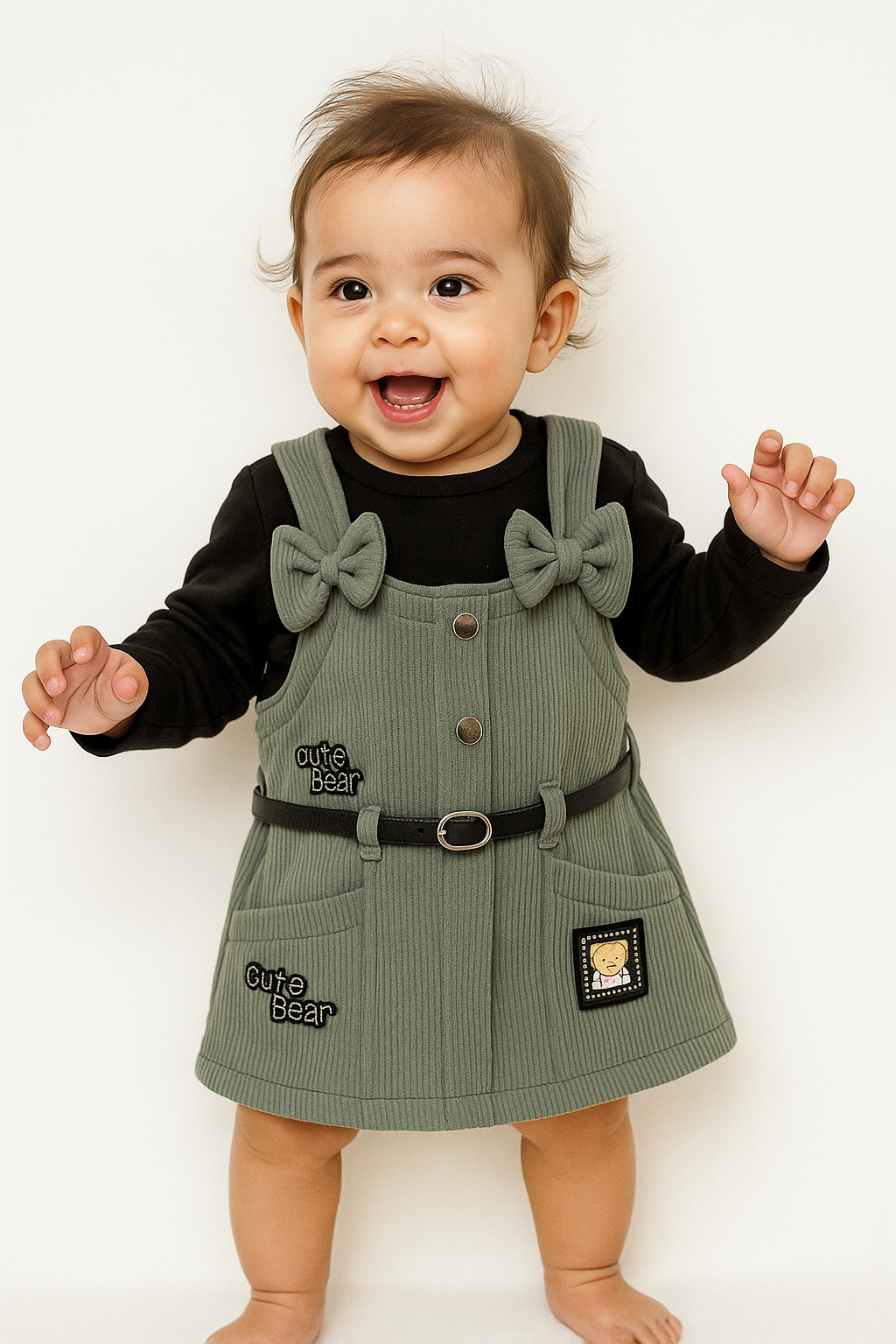 Olive Green Dungaree With Black T-Shirt Set For Girls