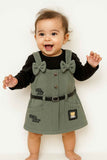 Olive Green Dungaree With Black T-Shirt Set For Girls