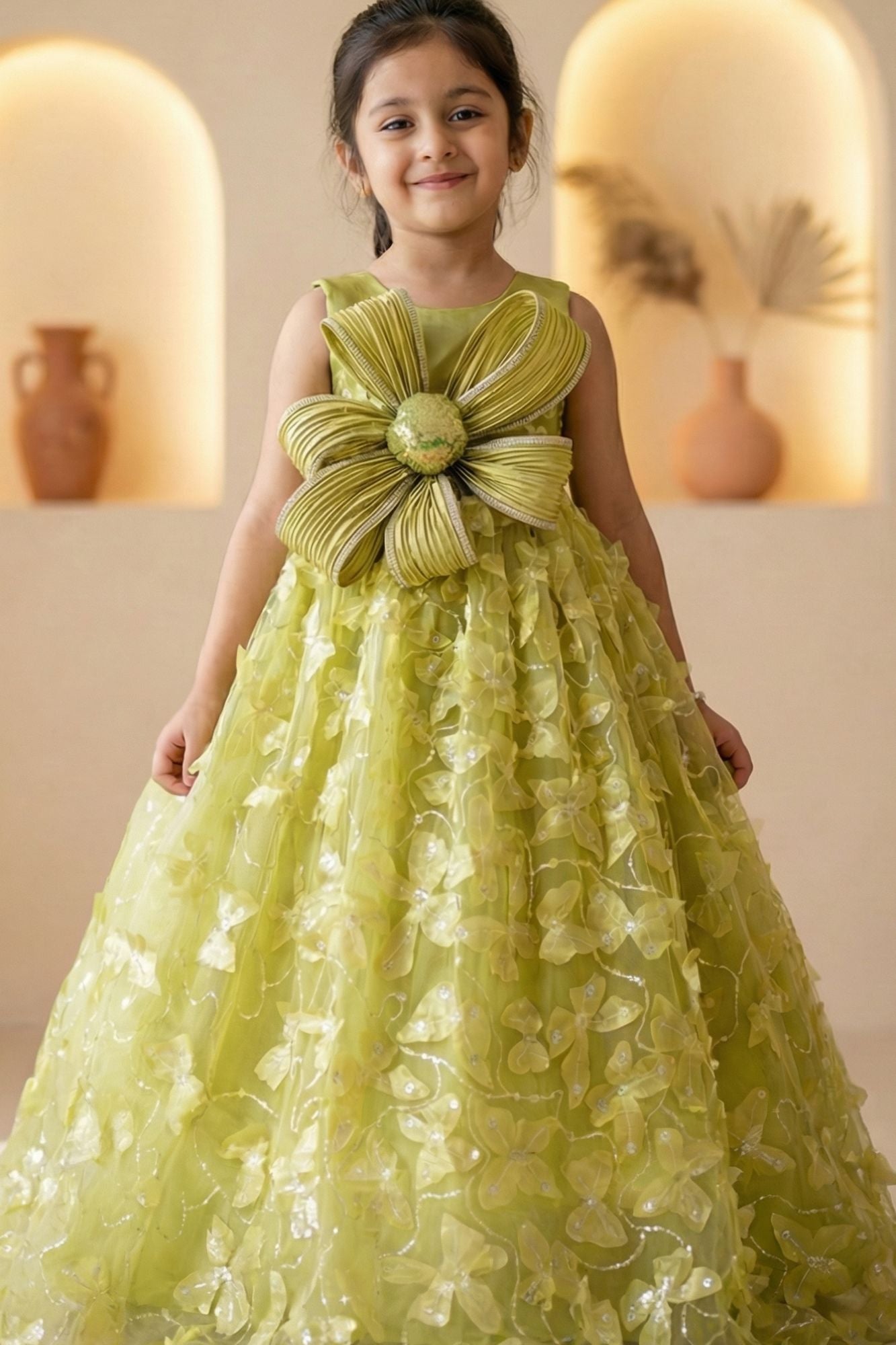 Girls Green Floral  Party Gown with Statement Bow