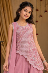Girls Pink Sequin Embroidered Asymmetric Palazzo Set With Dupatta