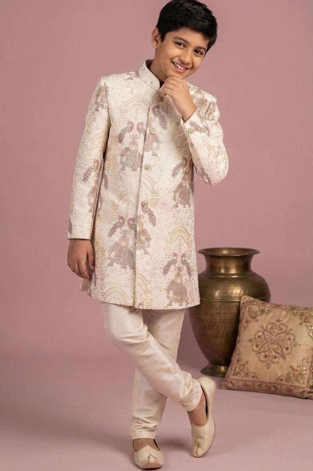 Ivory Heritage Embroidered Sherwani Set For Boys