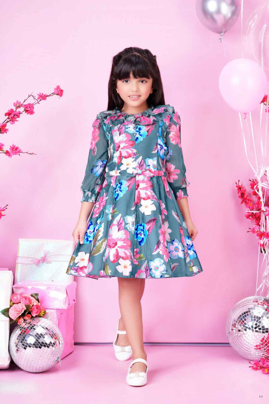 Stylish Blue Casual Frock With Flower Printed For Girls